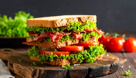 A tall stacked BLT sandwich with layers of crispy bacon, fresh lettuce, and ripe tomato slices on a board.の素材