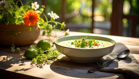 A bowl of green soup garnished with microgreens and herbs on a wooden table outdoors.の素材