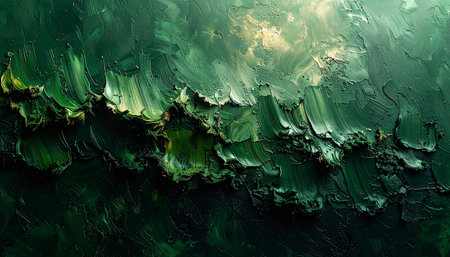 Abstract oil paint texture with thick, dynamic green brush strokes and subtle light.の素材