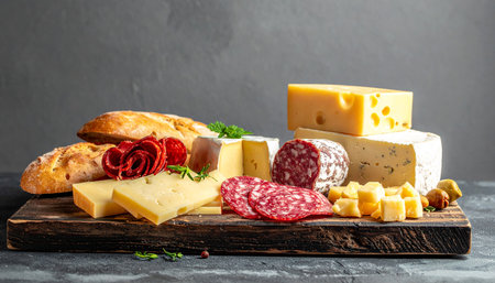 Assortment of cheese, salami and bread on a wooden boardの素材