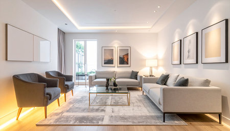 Interior of a modern living room with a sofa and armchairsの素材