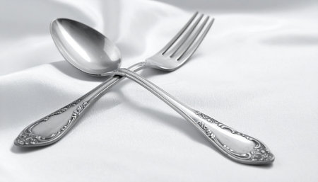 Spoon and fork on a white satin background with copy spaceの素材