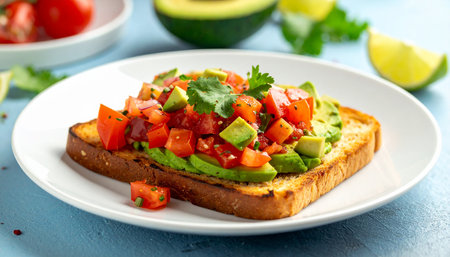 Tasty toasted bread with avocado, tomatoes and cilantro on light blue backgroundの素材