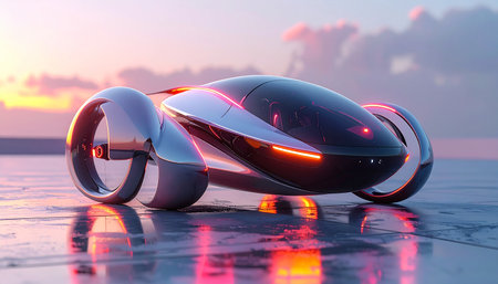 3D rendering of a futuristic electric car in the desert at sunsetの素材