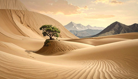 Desert landscape with lonely tree in the middle of sand dunesの素材