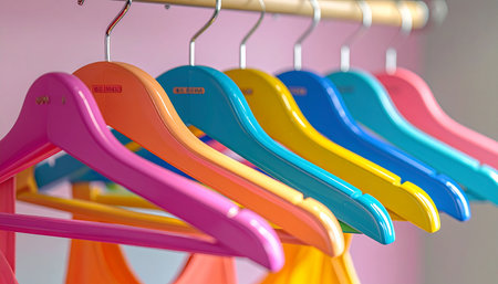 Colorful clothes hangers in a shop, closeup of photoの素材