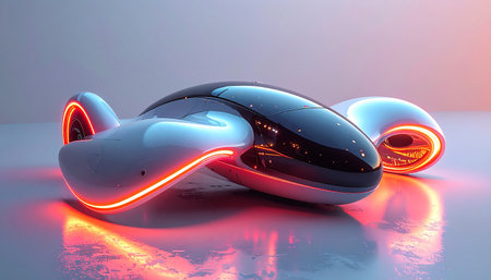 A futuristic white and black concept vehicle with glowing red light accents on a clean background.の素材