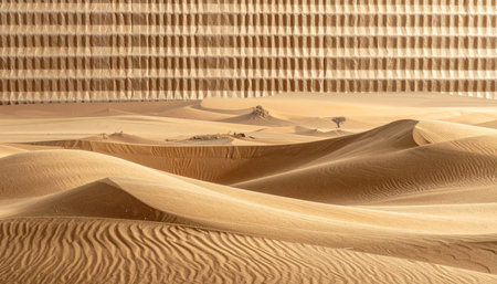 Abstract desert landscape with textured sand dunes and a geometric pattern above Clear details and vibrant col...の素材