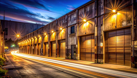 Long exposure shot of light trails on a street in downtown Los Angeles, California.の素材