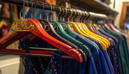 Colorful clothes on hangers in the store. Shallow depth of fieldの素材