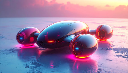 A sleek futuristic vehicle with glowing red and blue lights sits on a reflective surface at dusk.の素材