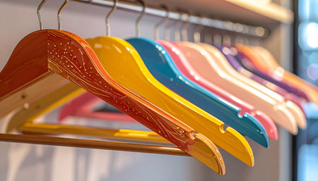 Colorful clothes hangers on a rack in a clothing store.の素材