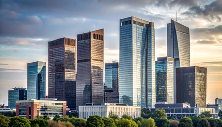 Frankfurt am Main business district with skyscrapers at sunsetの素材