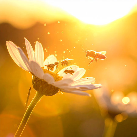 bee on daisy flower in the morning light. soft focus.の素材