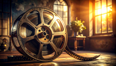 Old film reels in a room with a window. 3d renderingの素材