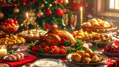 Traditional Christmas dinner with roasted turkey, fruit and vegetables on wooden table.の素材