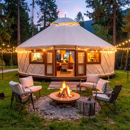 Camping tent with bonfire in the forest at dusk. Camping concept.の素材