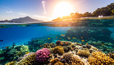 Underwater view of coral reef with fishes and tropical fish at sunsetの素材