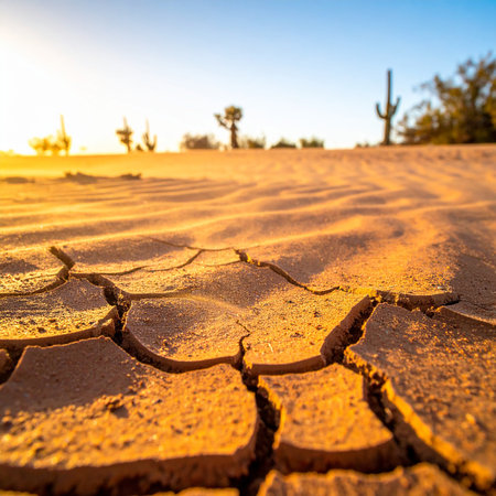 Desert landscape with dry and cracked ground. Global warming concept.の素材