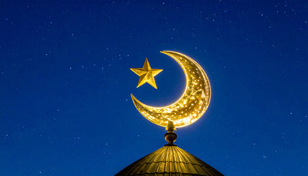 golden crescent moon and star in the night sky at mosqueの素材