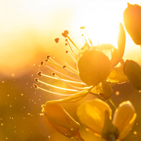 Yellow flower background with sunlight and bokeh. Shallow depth of field.の素材