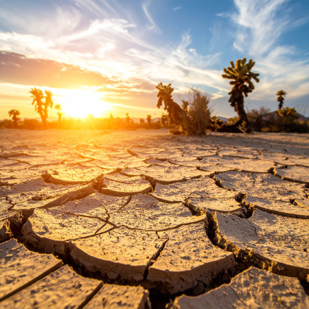 Desert arid landscape with dry cracked soil. Global warming conceptの素材