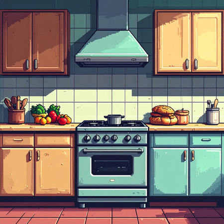 Kitchen interior with stove and stove. Vector illustration in cartoon styleの素材