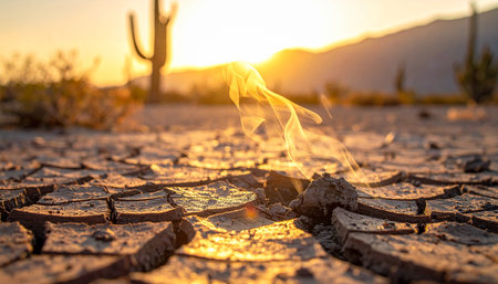 Burning coals in the desert with cactus in the backgroundの素材