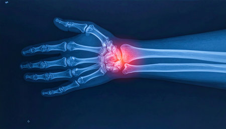 X-Ray image of human wrist with highlighted knee joint on blue backgroundの素材