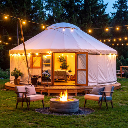 Camping tent in the garden at night with lights on the roofの素材