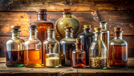 Old bottles with various spices and herbs on a wooden background in rustic styleの素材