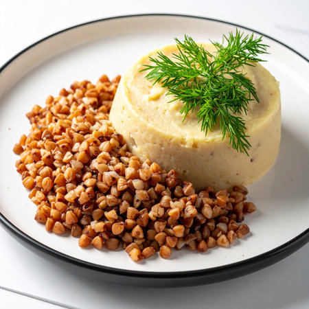Buckwheat porridge with mashed potatoes and dill on a white plateの素材