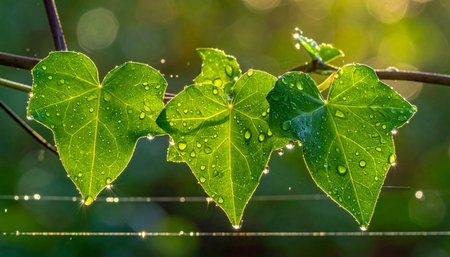 Green ivy leaves with drops of dew in the morning.の素材