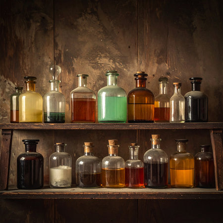 Vintage medicine bottles on a wooden shelf in an old laboratory.の素材