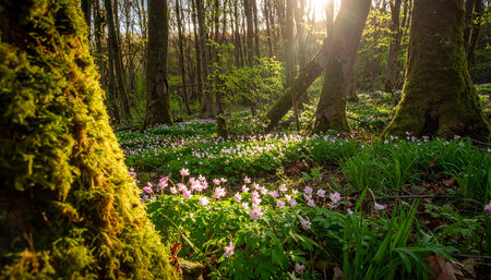 Spring forest with blooming pink anemones (snowdrop anemone)の素材