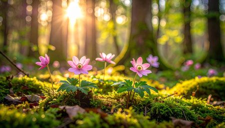 Anemone nemorosa flowers in the forest at sunset.の素材