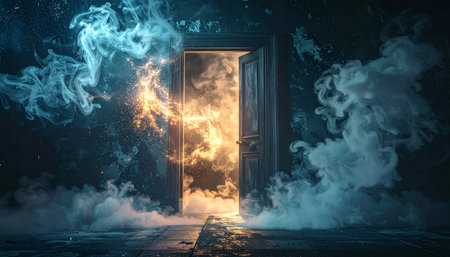 Mystical door with smoke coming out. 3D rendering.の素材