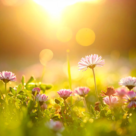 Field of daisies in the rays of the setting sun.の素材