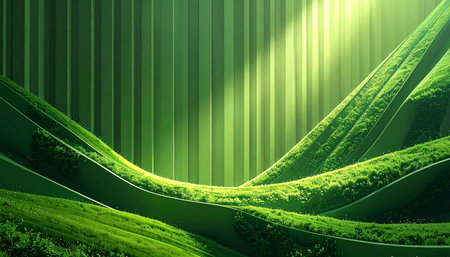 Green abstract background with curved lines and grass, 3d render illustrationの素材