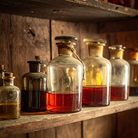 Medicine bottles on a wooden shelf in a pharmacy. Toned.の素材