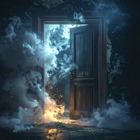 Door with fire and smoke in dark room. 3D renderingの素材
