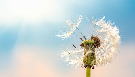 A detailed close-up of a dandelion seed head with its fluffy white seeds against a soft, blurred blue and pink sky.の素材