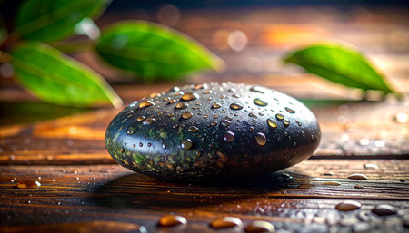A dark, wet stone adorned with water droplets rests on a wooden surface, with blurred green leaves in the background.の素材
