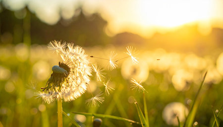 Dandelion flower in the meadow at sunset. Nature backgroundの素材