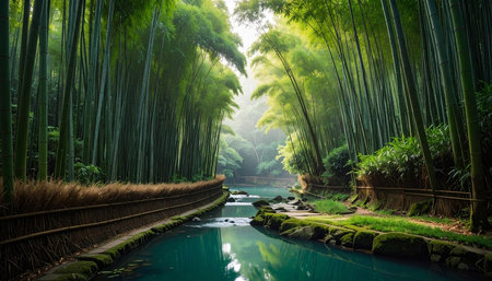 A tranquil river flows through a dense bamboo forest, bordered by moss-covered rocks and a pathway, bathed in soft, diffused light.の素材