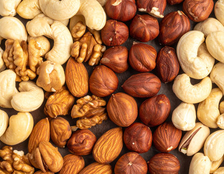 Mixed nuts background. Nuts mix background. Top view.の素材