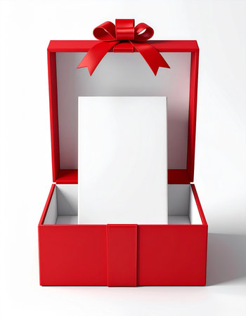 Red gift box with a blank sheet of paper and a red ribbonの素材