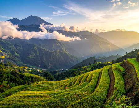 Terraced rice fields at sunset in Sapa, Vietnam.の素材