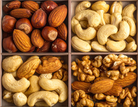 Assortment of nuts in wooden box, closeup. Nuts backgroundの素材