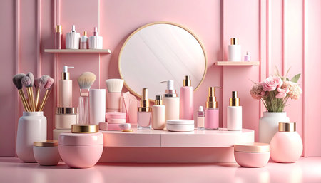 Pink bathroom interior with cosmetics and mirror, 3d rendering. Computer digital drawing.の素材